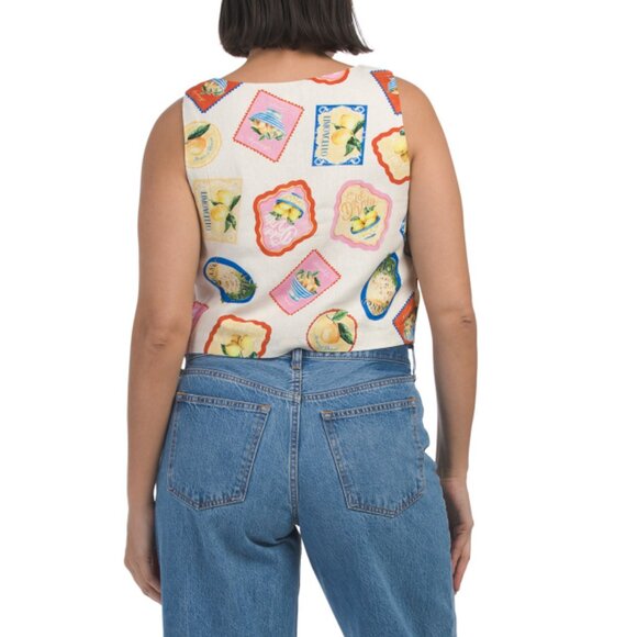 RACHEL ZOE Off White/Yellow Linen Blend Sleeveless Pull Over Printed Top - Picture 2 of 2